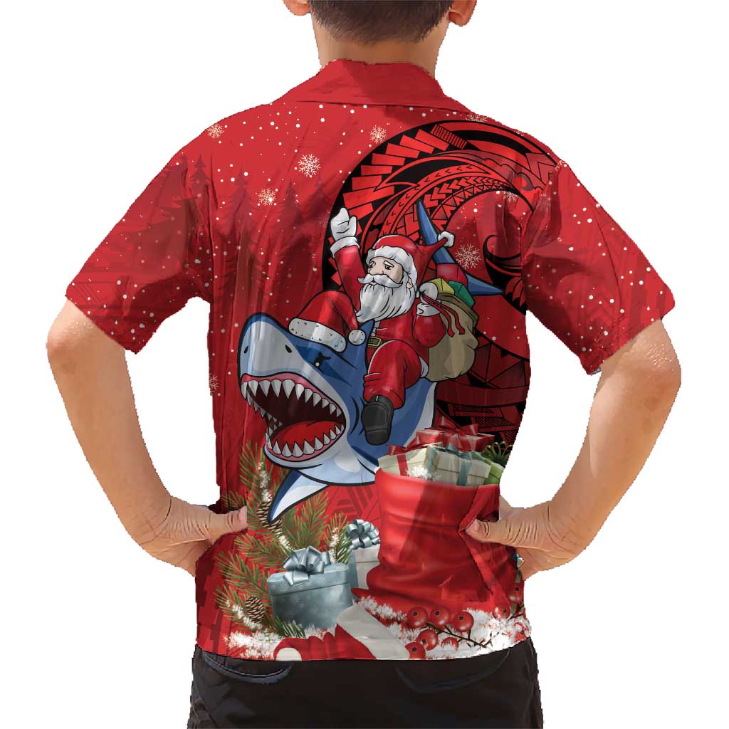 Funny Santa Riding Shark Family Matching Off Shoulder Short Dress and Hawaiian Shirt Polynesian Tribal Christmas Spirit LT9 - Polynesian Pride