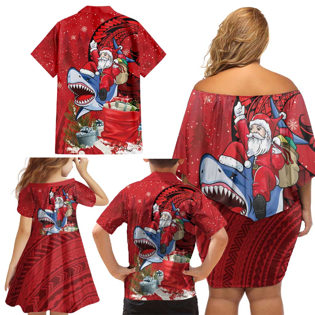 Funny Santa Riding Shark Family Matching Off Shoulder Short Dress and Hawaiian Shirt Polynesian Tribal Christmas Spirit LT9 - Polynesian Pride