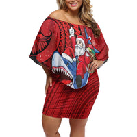 Funny Santa Riding Shark Family Matching Off Shoulder Short Dress and Hawaiian Shirt Polynesian Tribal Christmas Spirit LT9 Mom's Dress Red - Polynesian Pride
