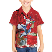 Funny Santa Riding Shark Family Matching Off Shoulder Short Dress and Hawaiian Shirt Polynesian Tribal Christmas Spirit LT9 Son's Shirt Red - Polynesian Pride