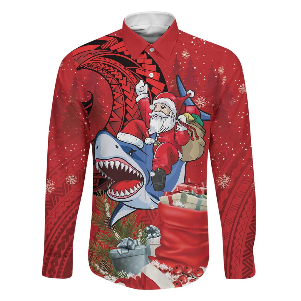 Funny Santa Riding Shark Family Matching Short Sleeve Bodycon Dress and Hawaiian Shirt Polynesian Tribal Christmas Spirit LT9 Dad's Shirt - Long Sleeve Red - Polynesian Pride