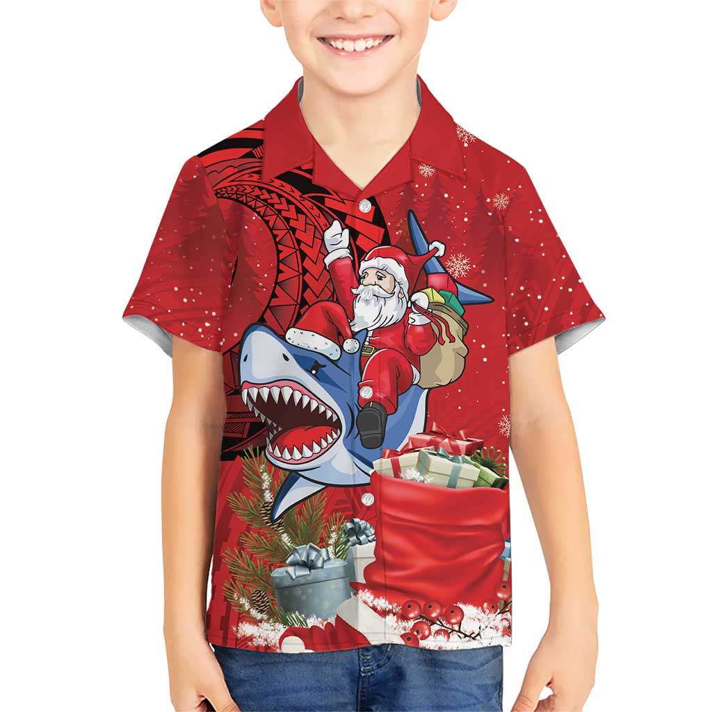Funny Santa Riding Shark Family Matching Tank Maxi Dress and Hawaiian Shirt Polynesian Tribal Christmas Spirit LT9 Son's Shirt Red - Polynesian Pride