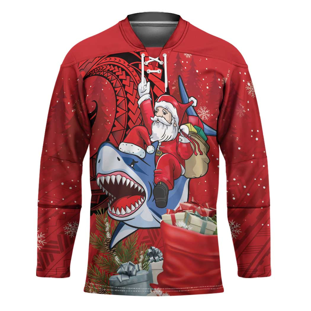 Funny Santa Riding Shark Hockey Jersey Polynesian Tribal Christmas Spirit - Polynesian Pride