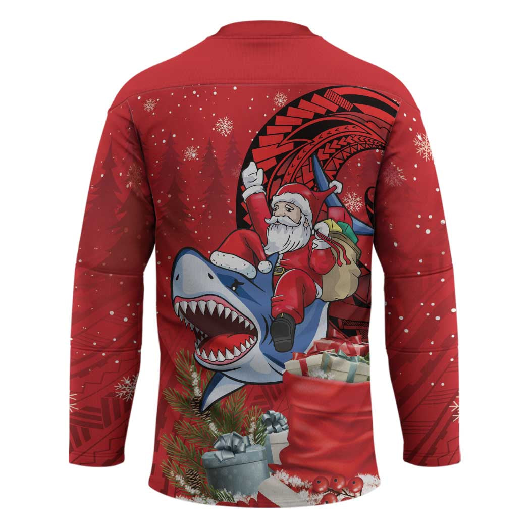Funny Santa Riding Shark Hockey Jersey Polynesian Tribal Christmas Spirit - Polynesian Pride