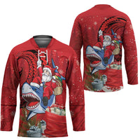 Funny Santa Riding Shark Hockey Jersey Polynesian Tribal Christmas Spirit - Polynesian Pride