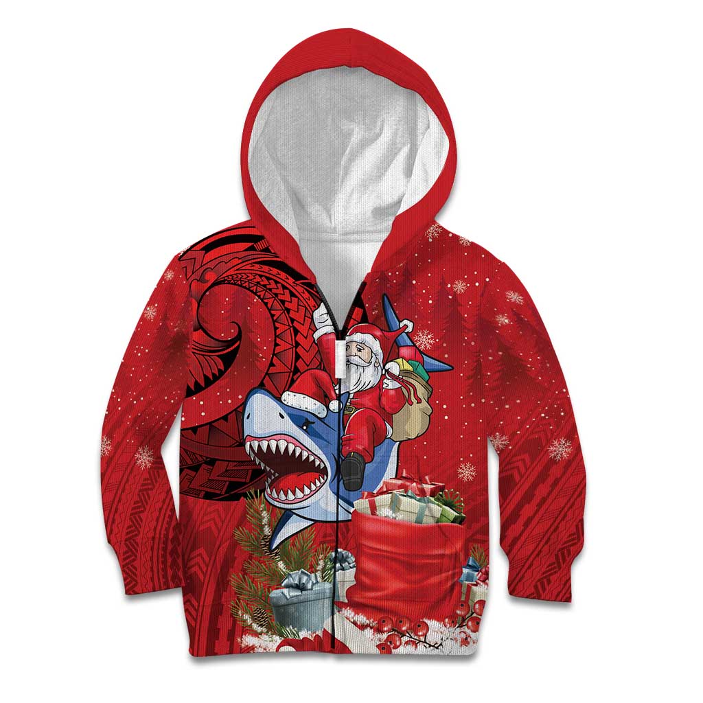 Funny Santa Riding Shark Kid Hoodie Polynesian Tribal Christmas Spirit LT9 Zip Hoodie Red - Polynesian Pride