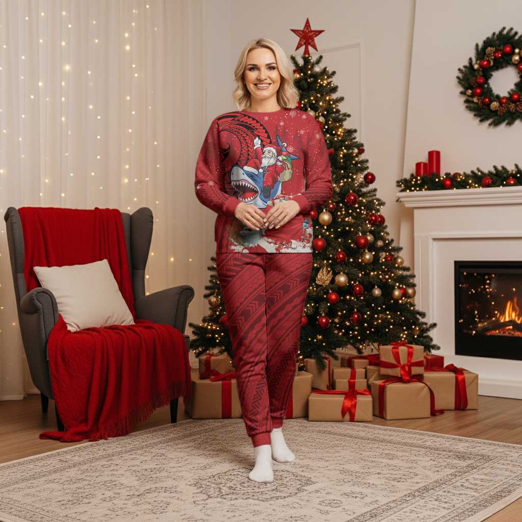 Funny Santa Riding Shark Christmas Pajama Set Polynesian Tribal Christmas Spirit - Polynesian Pride
