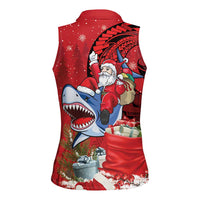 Funny Santa Riding Shark Women Sleeveless Polo Shirt Polynesian Tribal Christmas Spirit LT9 - Polynesian Pride