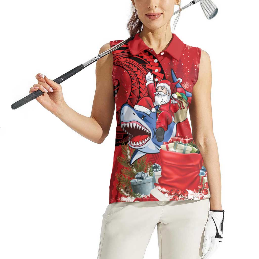Funny Santa Riding Shark Women Sleeveless Polo Shirt Polynesian Tribal Christmas Spirit LT9 - Polynesian Pride