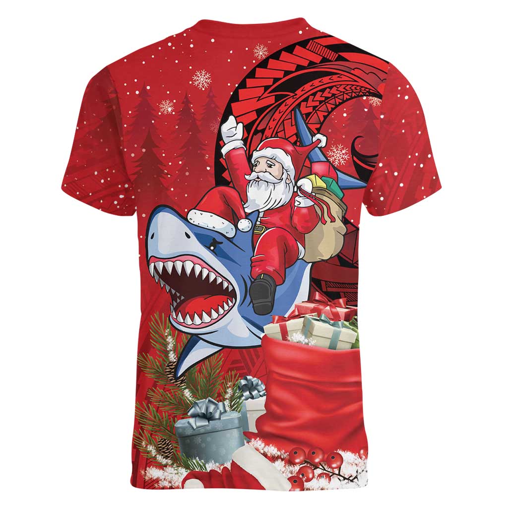 Funny Santa Riding Shark Women V-Neck T-Shirt Polynesian Tribal Christmas Spirit LT9 - Polynesian Pride
