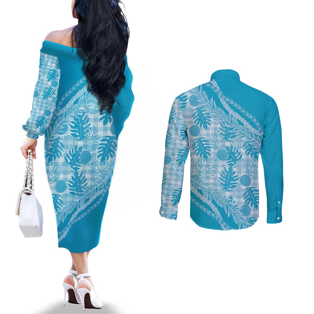 Hawaii Breadfruit Palaka Couples Matching Off The Shoulder Long Sleeve Dress and Long Sleeve Button Shirt Polu Maile Lei - Polynesian Pride