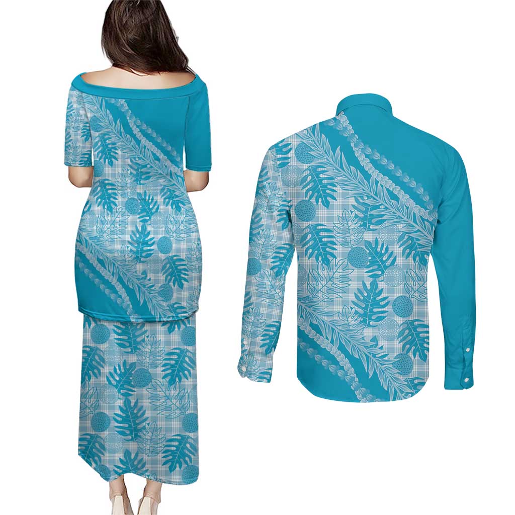 Hawaii Breadfruit Palaka Couples Matching Puletasi and Long Sleeve Button Shirt Polu Maile Lei - Polynesian Pride
