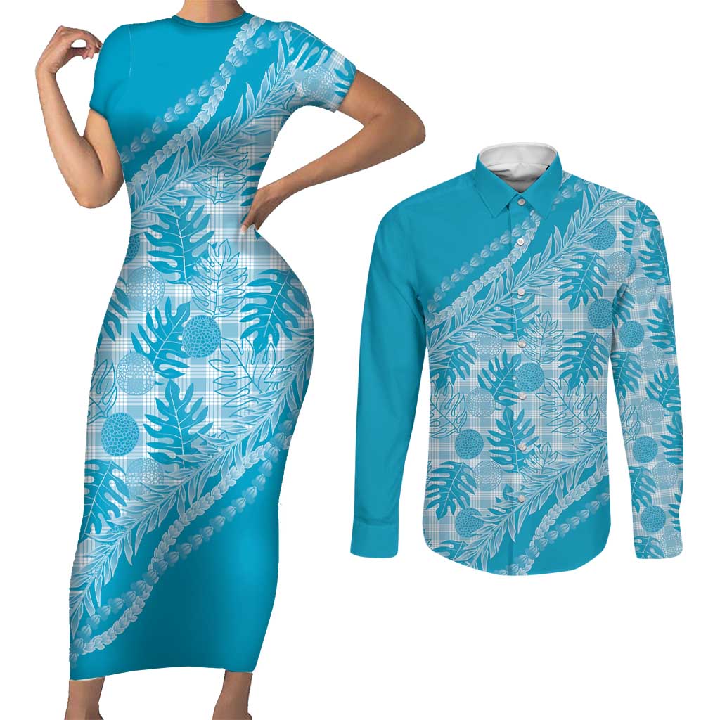 Hawaii Breadfruit Palaka Couples Matching Short Sleeve Bodycon Dress and Long Sleeve Button Shirt Polu Maile Lei - Polynesian Pride