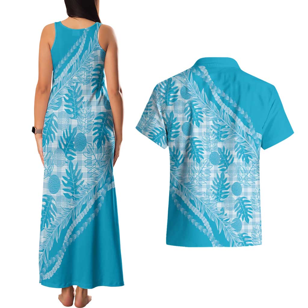 Hawaii Breadfruit Palaka Couples Matching Tank Maxi Dress and Hawaiian Shirt Polu Maile Lei - Polynesian Pride