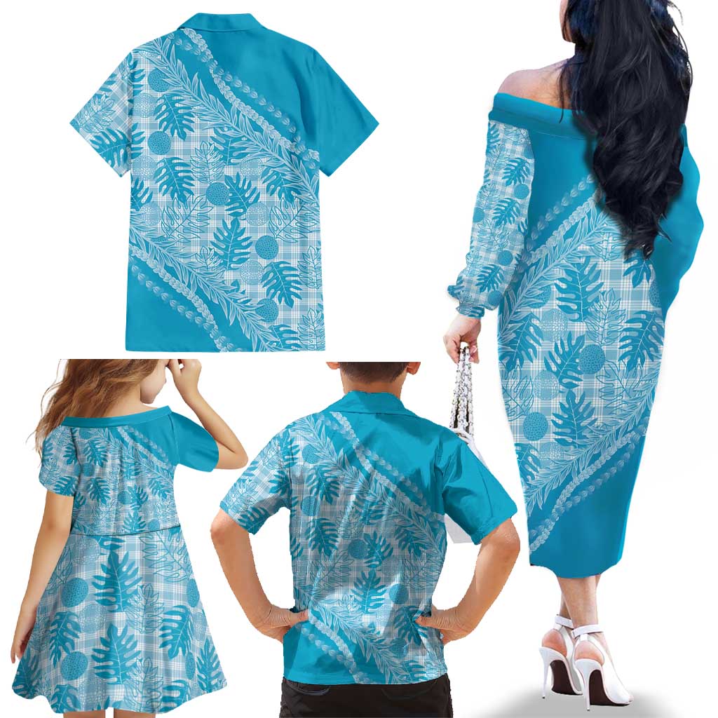 Hawaii Breadfruit Palaka Family Matching Off The Shoulder Long Sleeve Dress and Hawaiian Shirt Polu Maile Lei LT9 - Polynesian Pride