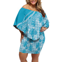 Hawaii Breadfruit Palaka Family Matching Off Shoulder Short Dress and Hawaiian Shirt Polu Maile Lei LT9 Mom's Dress Blue - Polynesian Pride
