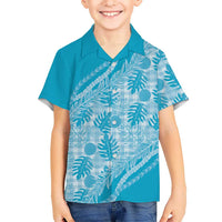 Hawaii Breadfruit Palaka Family Matching Off Shoulder Short Dress and Hawaiian Shirt Polu Maile Lei LT9 Son's Shirt Blue - Polynesian Pride