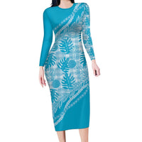 Hawaii Breadfruit Palaka Long Sleeve Bodycon Dress Polu Maile Lei - Polynesian Pride
