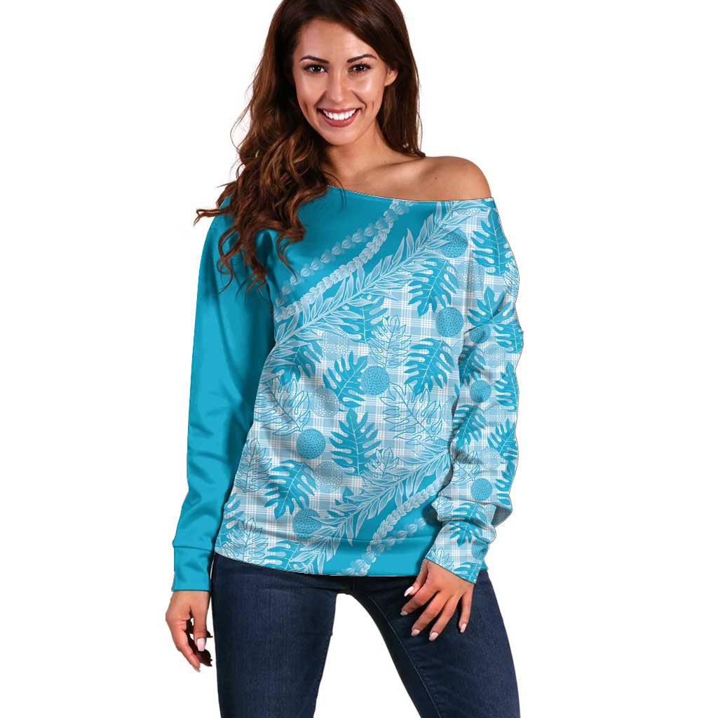 Hawaii Breadfruit Palaka Off Shoulder Sweater Polu Maile Lei - Polynesian Pride