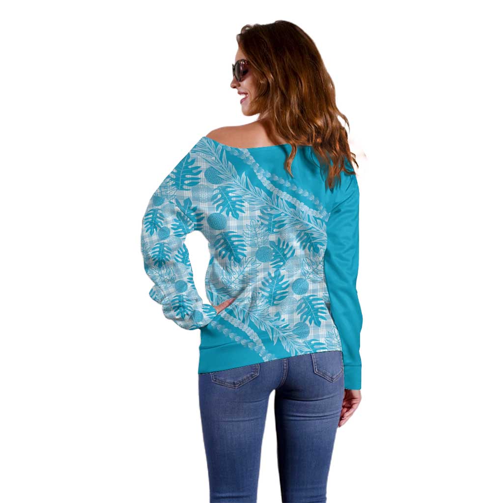 Hawaii Breadfruit Palaka Off Shoulder Sweater Polu Maile Lei - Polynesian Pride