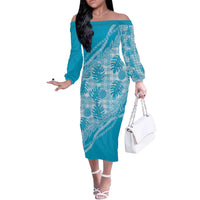 Hawaii Breadfruit Palaka Off The Shoulder Long Sleeve Dress Polu Maile Lei - Polynesian Pride