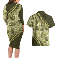 Hawaii Breadfruit Palaka Couples Matching Long Sleeve Bodycon Dress and Hawaiian Shirt Omaomao Maile Lei - Polynesian Pride
