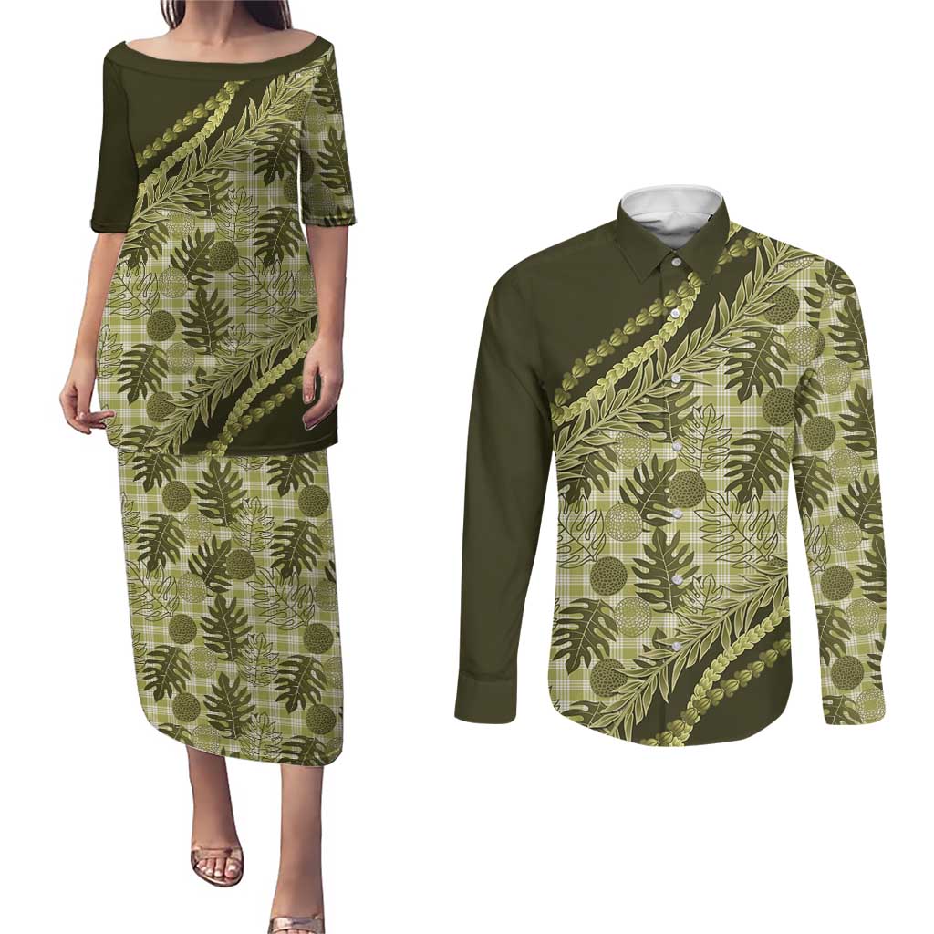 Hawaii Breadfruit Palaka Couples Matching Puletasi and Long Sleeve Button Shirt Omaomao Maile Lei - Polynesian Pride