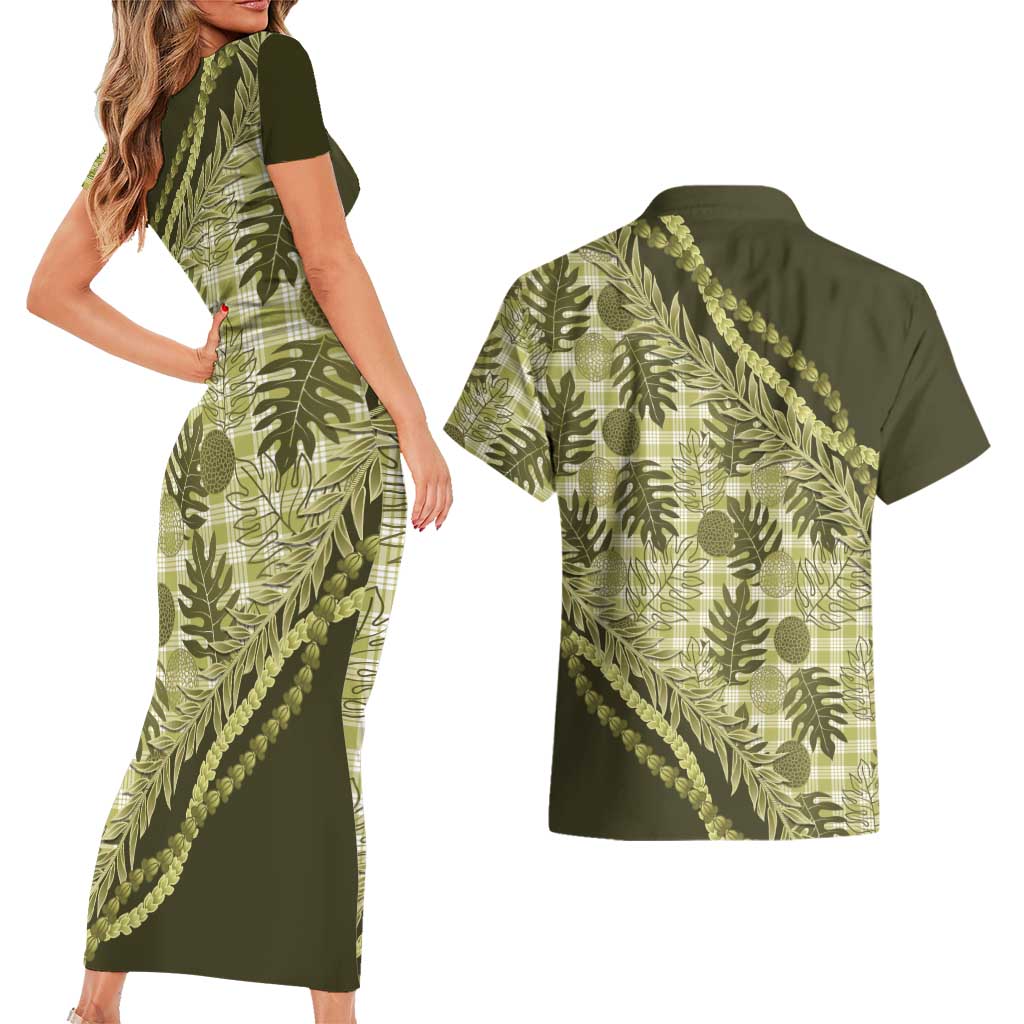Hawaii Breadfruit Palaka Couples Matching Short Sleeve Bodycon Dress and Hawaiian Shirt Omaomao Maile Lei - Polynesian Pride