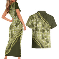 Hawaii Breadfruit Palaka Couples Matching Short Sleeve Bodycon Dress and Hawaiian Shirt Omaomao Maile Lei - Polynesian Pride