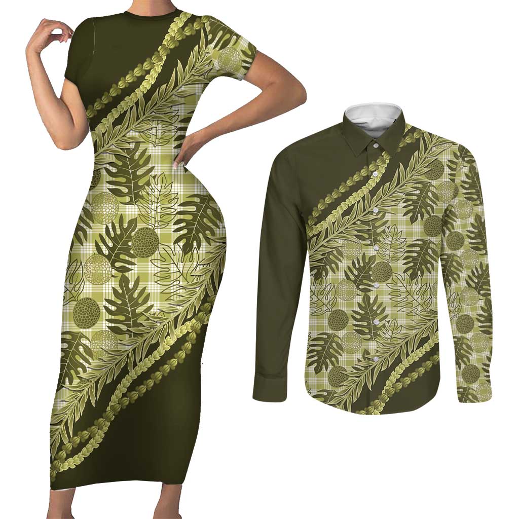 Hawaii Breadfruit Palaka Couples Matching Short Sleeve Bodycon Dress and Long Sleeve Button Shirt Omaomao Maile Lei - Polynesian Pride