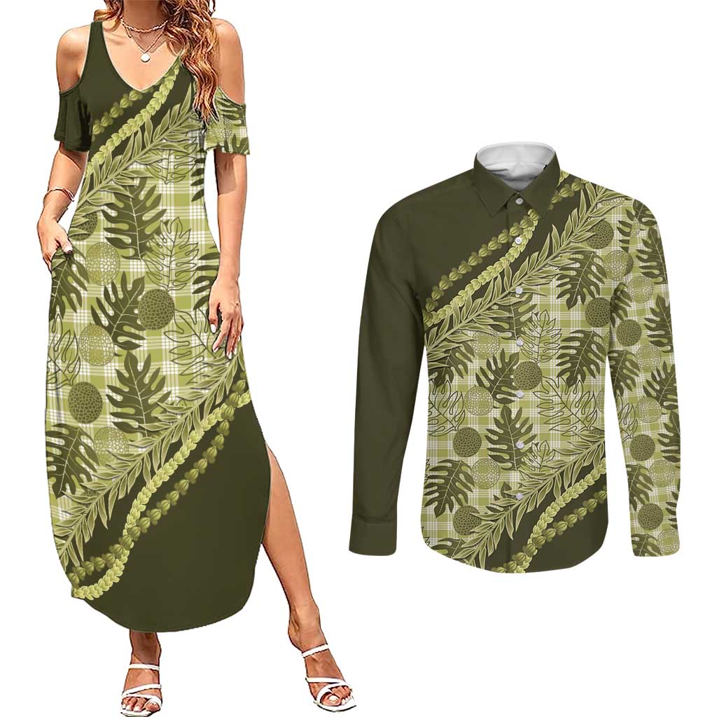 Hawaii Breadfruit Palaka Couples Matching Summer Maxi Dress and Long Sleeve Button Shirt Omaomao Maile Lei - Polynesian Pride