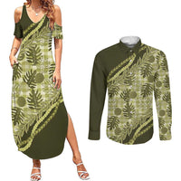Hawaii Breadfruit Palaka Couples Matching Summer Maxi Dress and Long Sleeve Button Shirt Omaomao Maile Lei - Polynesian Pride