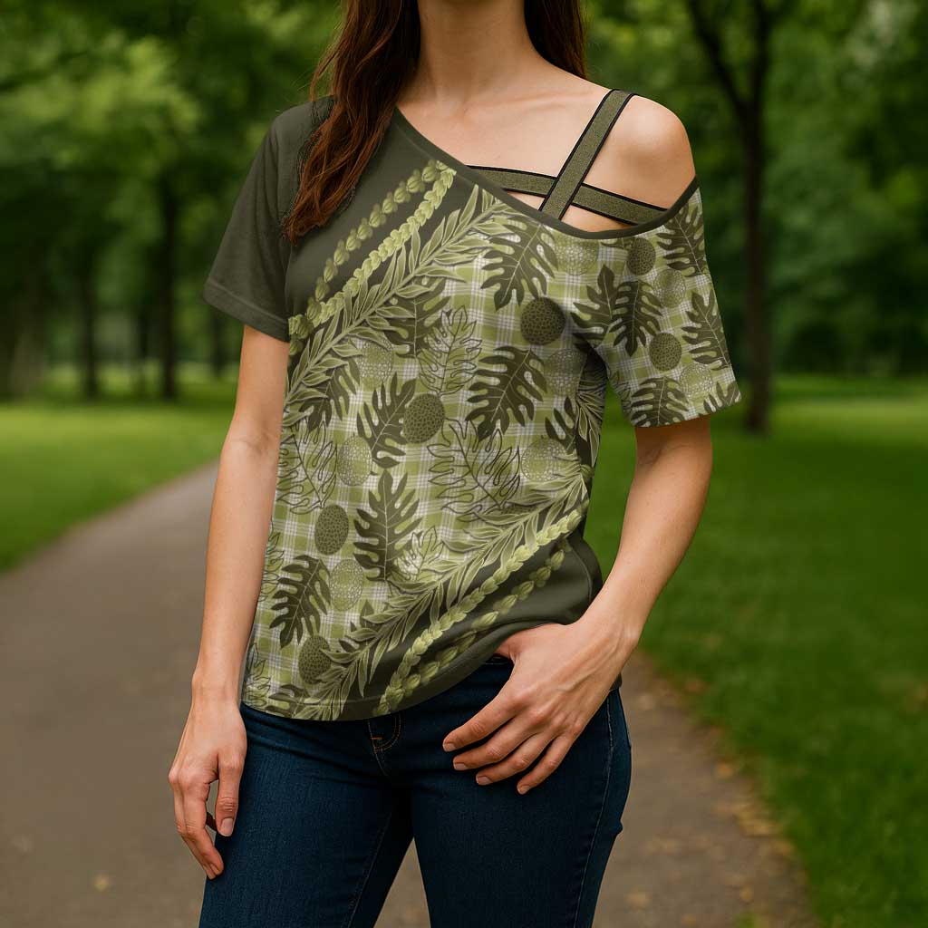 Hawaii Breadfruit Palaka Cross Shoulder Shirt Omaomao Maile Lei - Polynesian Pride