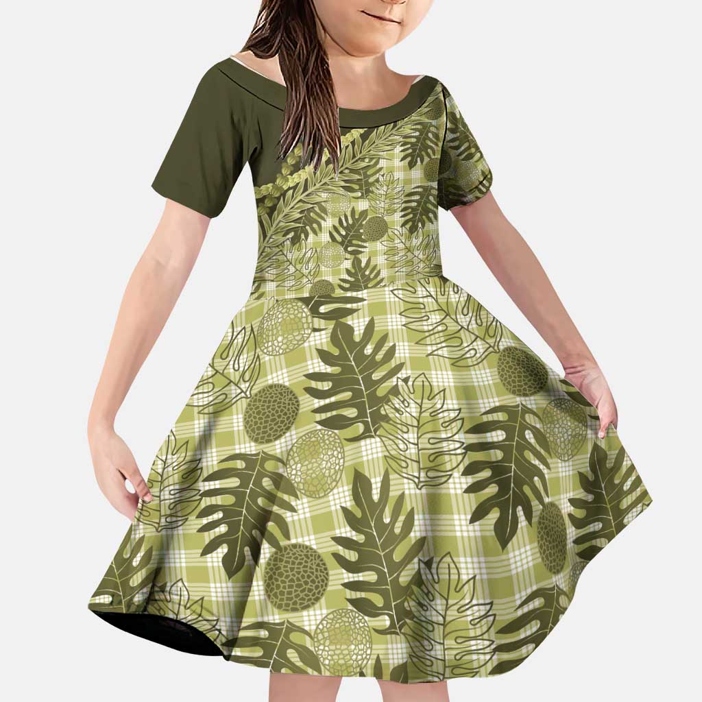 Hawaii Breadfruit Palaka Family Matching Long Sleeve Bodycon Dress and Hawaiian Shirt Omaomao Maile Lei LT9 Daughter's Dress Green - Polynesian Pride