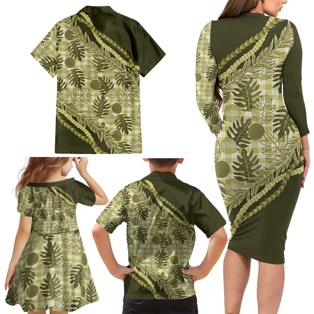 Hawaii Breadfruit Palaka Family Matching Long Sleeve Bodycon Dress and Hawaiian Shirt Omaomao Maile Lei LT9 - Polynesian Pride