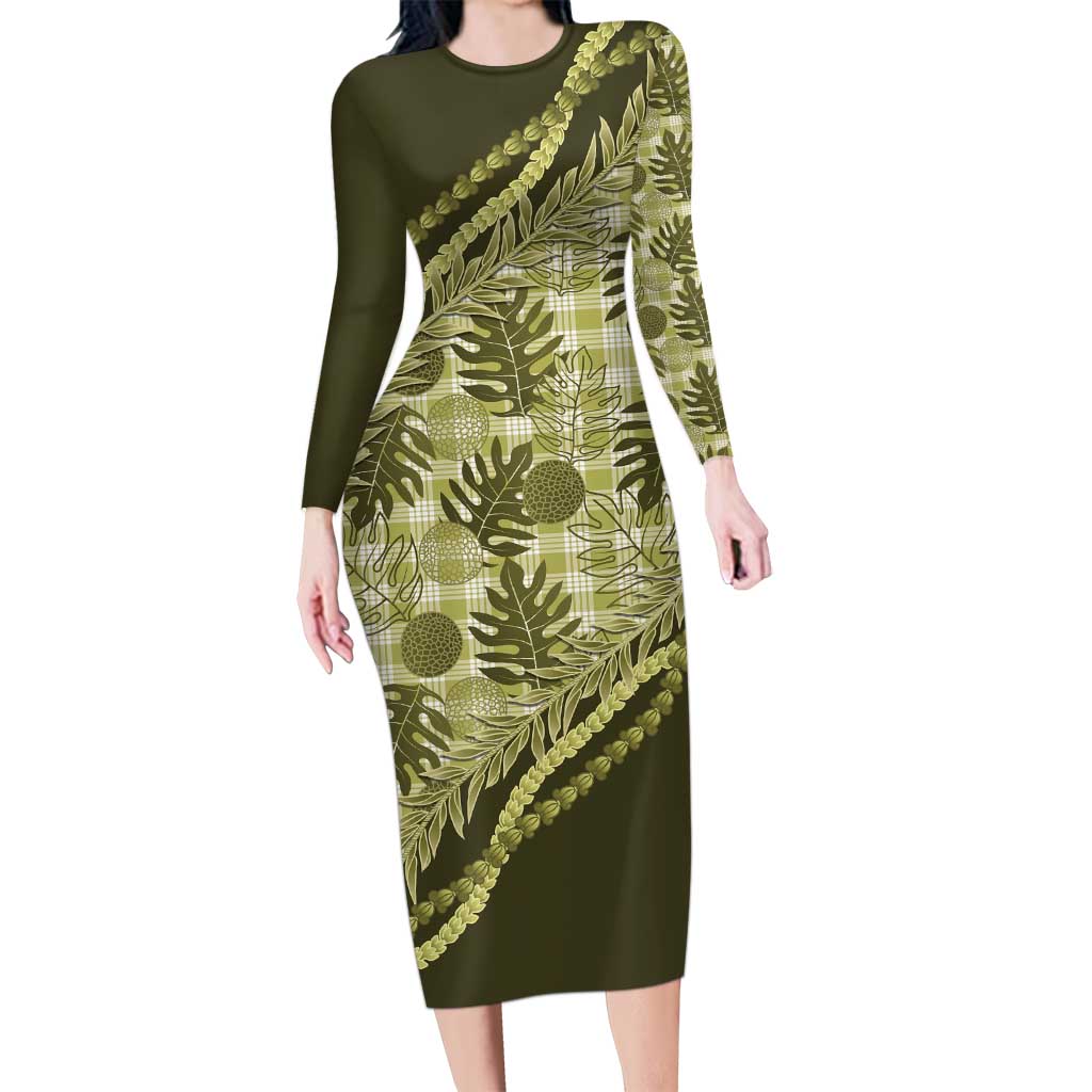Hawaii Breadfruit Palaka Family Matching Long Sleeve Bodycon Dress and Hawaiian Shirt Omaomao Maile Lei LT9 Mom's Dress Green - Polynesian Pride