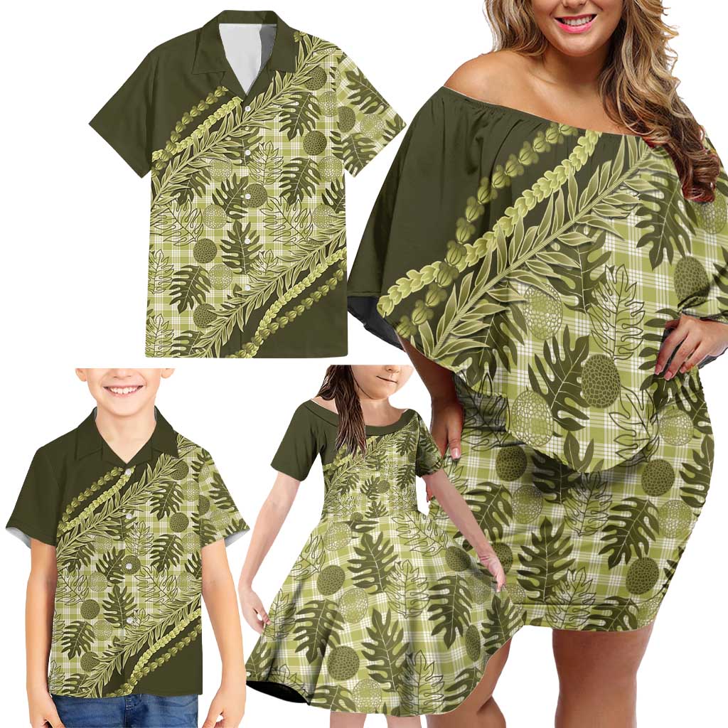Hawaii Breadfruit Palaka Family Matching Off Shoulder Short Dress and Hawaiian Shirt Omaomao Maile Lei LT9 - Polynesian Pride