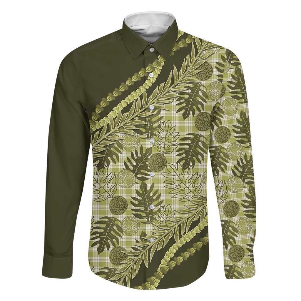Hawaii Breadfruit Palaka Family Matching Off Shoulder Short Dress and Hawaiian Shirt Omaomao Maile Lei LT9 Dad's Shirt - Long Sleeve Green - Polynesian Pride