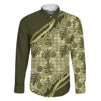 Hawaii Breadfruit Palaka Family Matching Off Shoulder Short Dress and Hawaiian Shirt Omaomao Maile Lei LT9 Dad's Shirt - Long Sleeve Green - Polynesian Pride