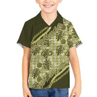 Hawaii Breadfruit Palaka Family Matching Off Shoulder Short Dress and Hawaiian Shirt Omaomao Maile Lei LT9 Son's Shirt Green - Polynesian Pride