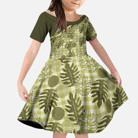 Hawaii Breadfruit Palaka Family Matching Short Sleeve Bodycon Dress and Hawaiian Shirt Omaomao Maile Lei LT9 Daughter's Dress Green - Polynesian Pride