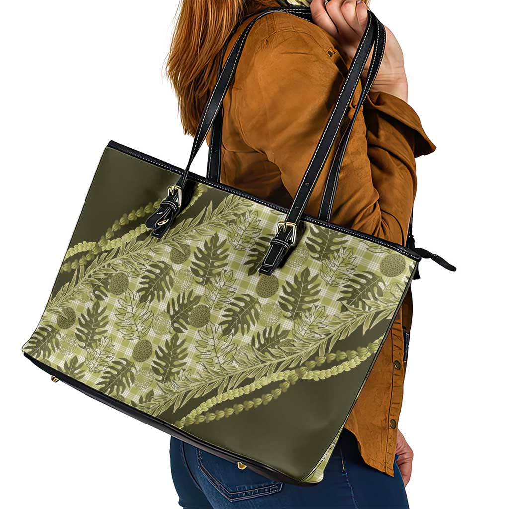 Hawaii Breadfruit Palaka Leather Tote Bag Omaomao Maile Lei - Polynesian Pride