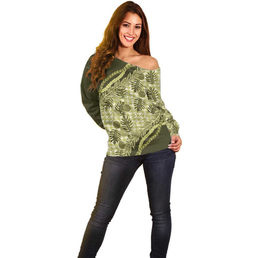 Hawaii Breadfruit Palaka Off Shoulder Sweater Omaomao Maile Lei - Polynesian Pride