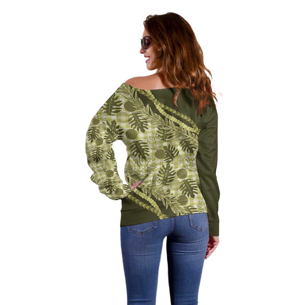 Hawaii Breadfruit Palaka Off Shoulder Sweater Omaomao Maile Lei - Polynesian Pride