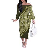 Hawaii Breadfruit Palaka Off The Shoulder Long Sleeve Dress Omaomao Maile Lei - Polynesian Pride