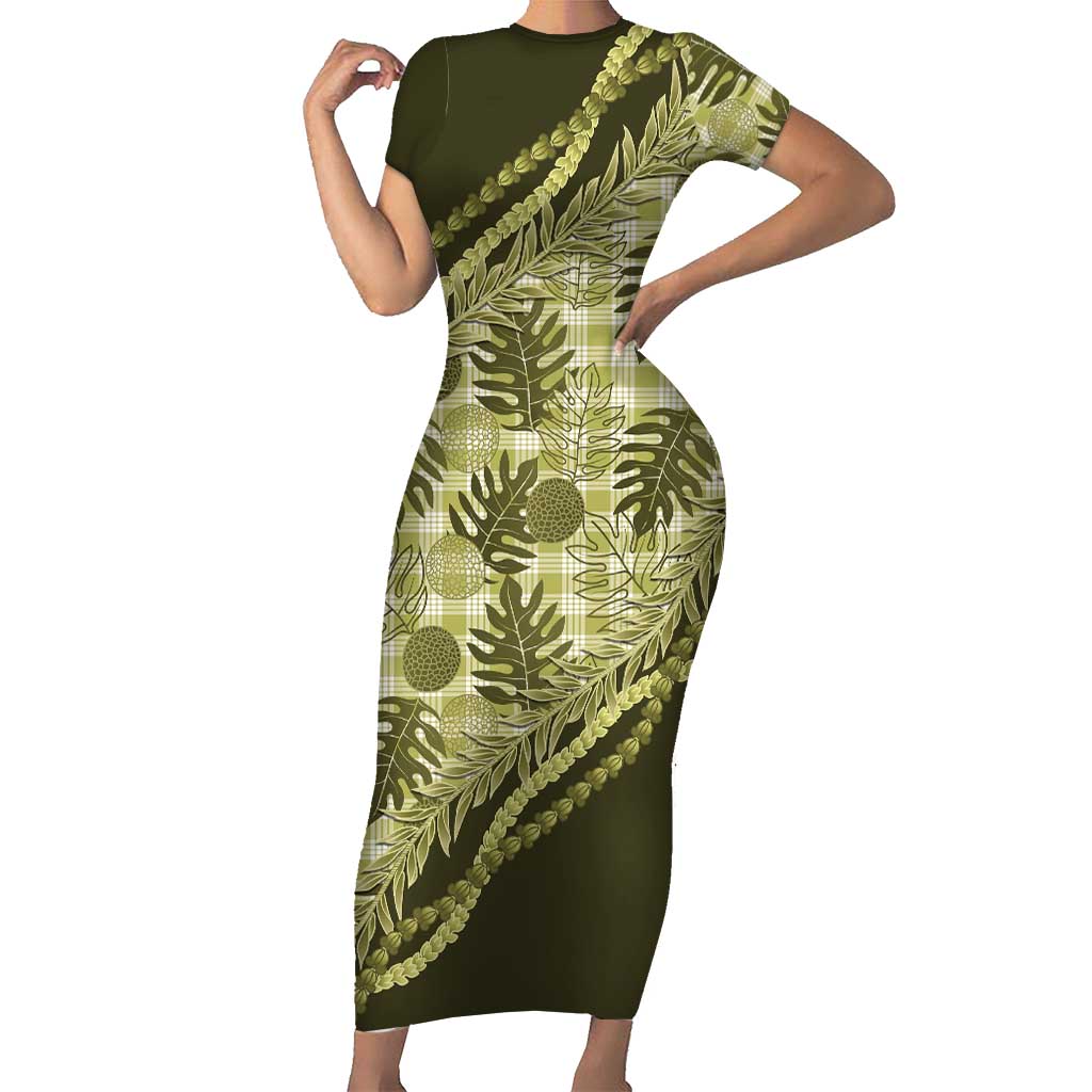 Hawaii Breadfruit Palaka Short Sleeve Bodycon Dress Omaomao Maile Lei - Polynesian Pride