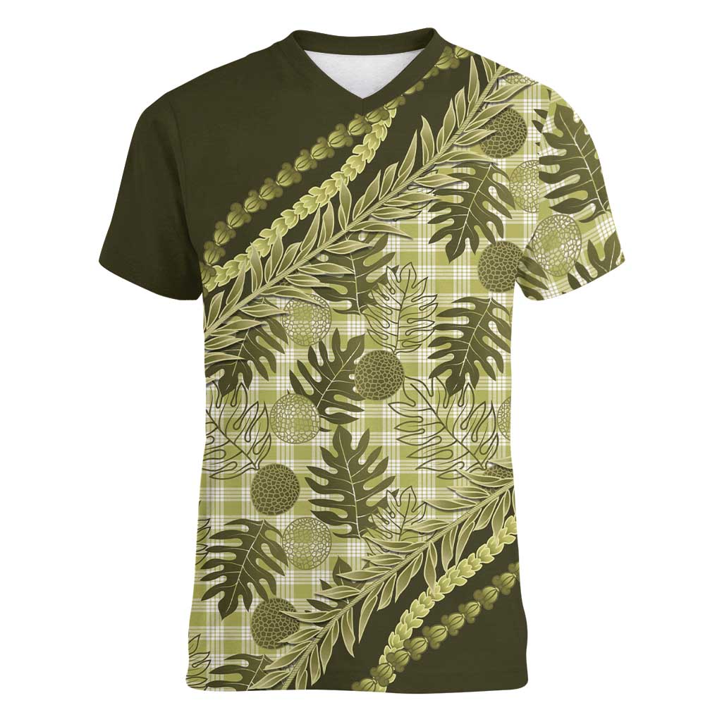 Hawaii Breadfruit Palaka Women V-Neck T-Shirt Omaomao Maile Lei - Polynesian Pride