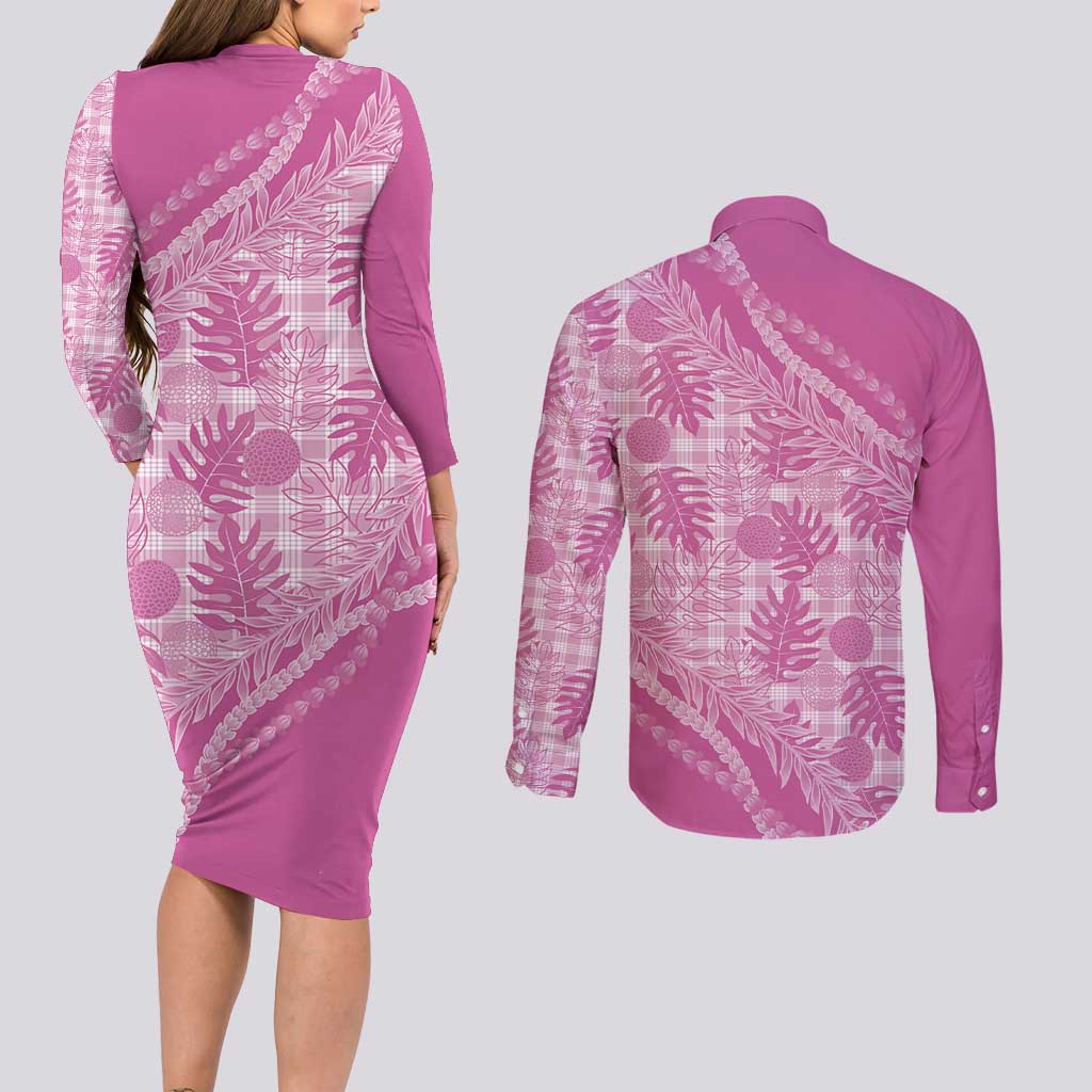 Hawaii Breadfruit Palaka Couples Matching Long Sleeve Bodycon Dress and Long Sleeve Button Shirt Omaomao Ulaula Maile Lei - Polynesian Pride