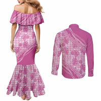 Hawaii Breadfruit Palaka Couples Matching Mermaid Dress and Long Sleeve Button Shirt Omaomao Ulaula Maile Lei - Polynesian Pride