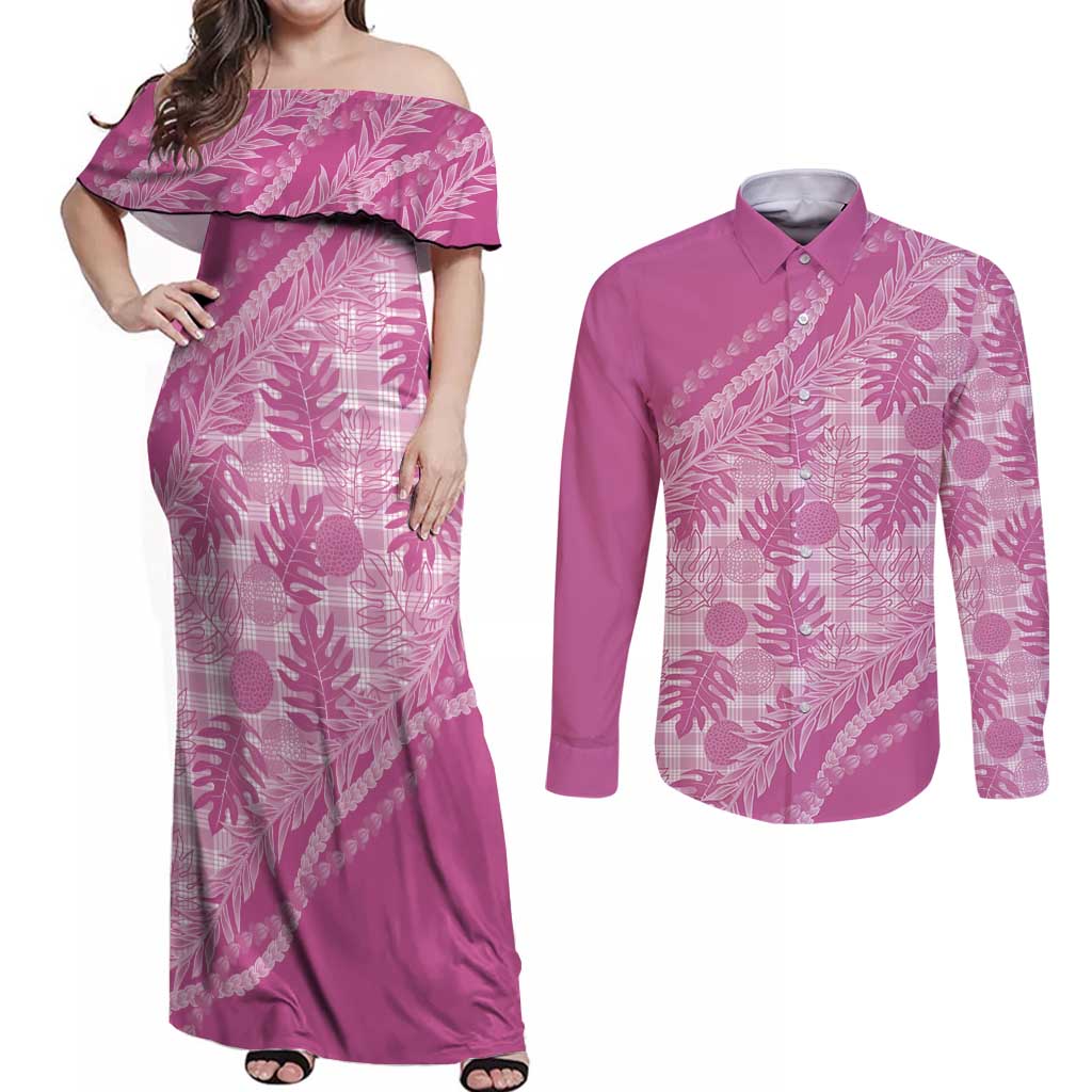 Hawaii Breadfruit Palaka Couples Matching Off Shoulder Maxi Dress and Long Sleeve Button Shirt Omaomao Ulaula Maile Lei - Polynesian Pride
